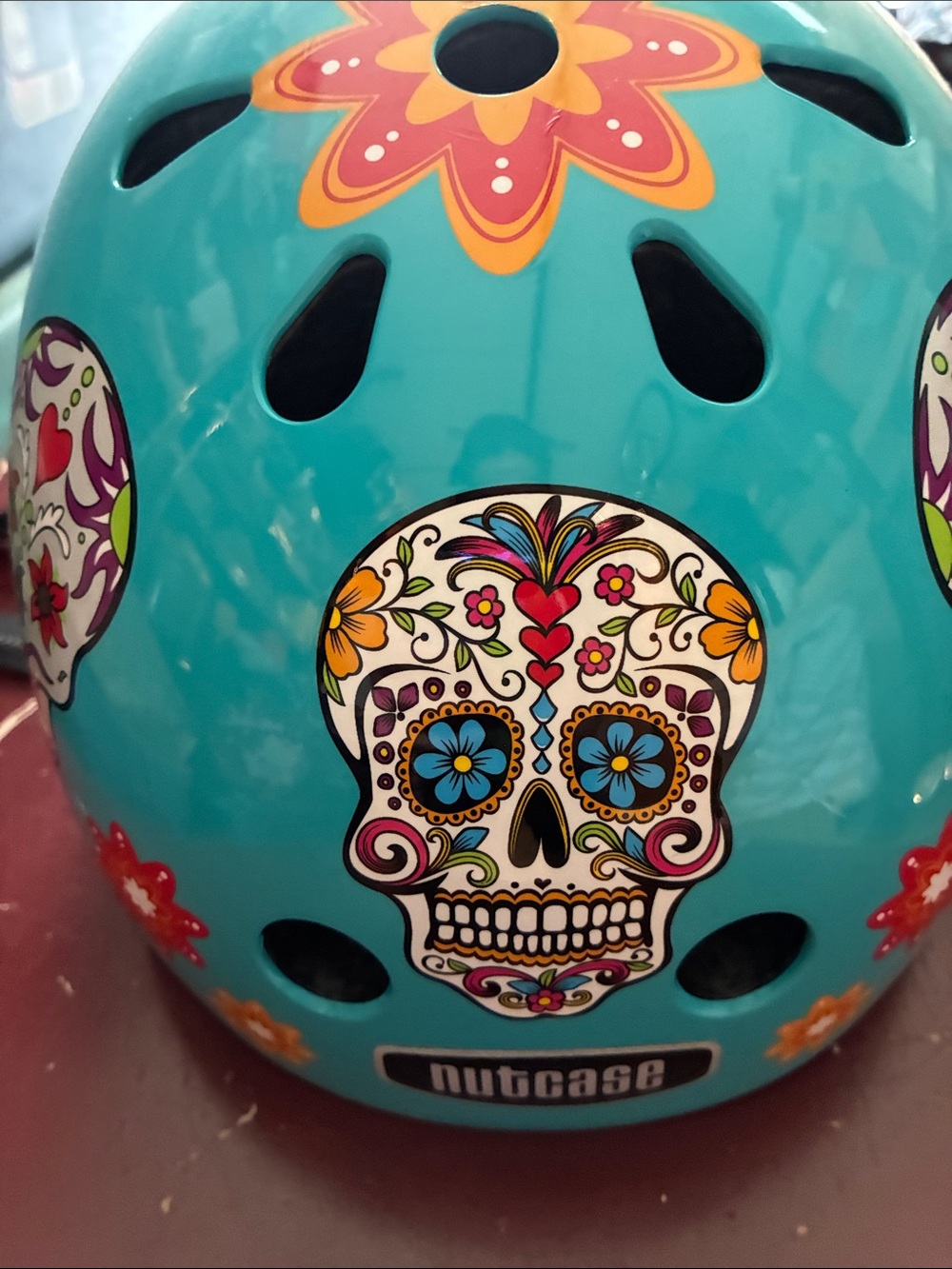 Bright Teal Helmet with Sugar Skull and Floral Decals NEW